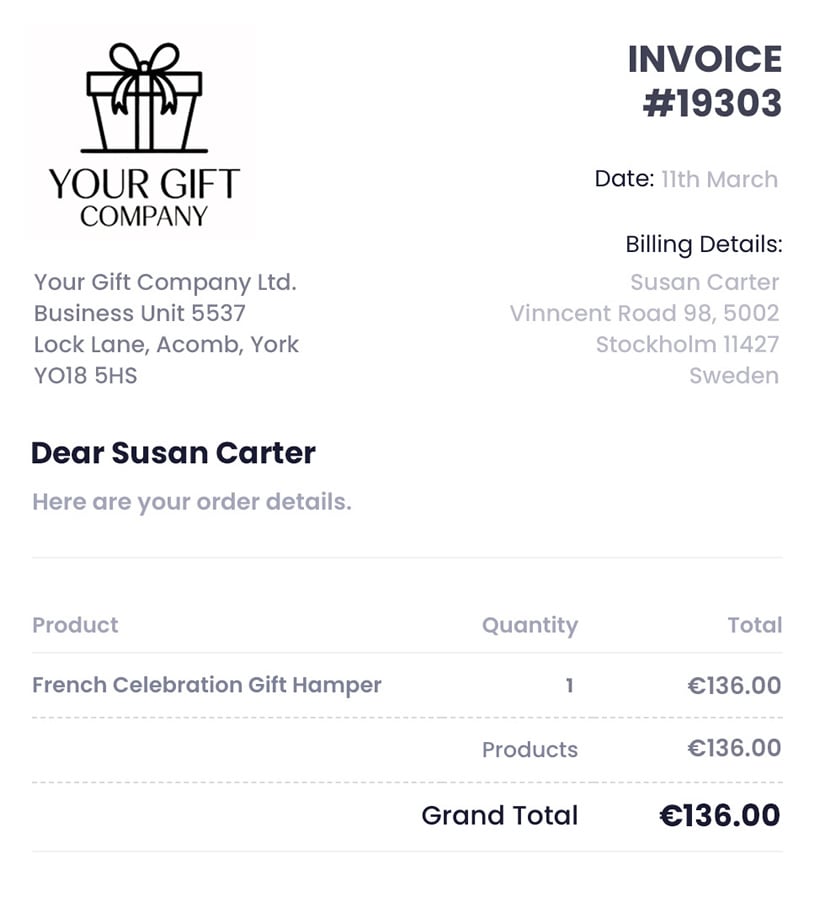 Giftified order invoice